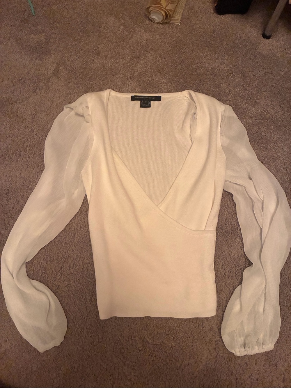 French Connection Cream Wrap-Style Top with Sheer Long Sleeves